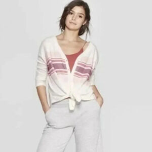 Colsie White Pink & Purple Stripe Thermal Knit Long Sleeve Button Down XS